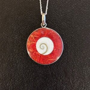 Red Coral and Shiva eye shell Sterling Silver pendant